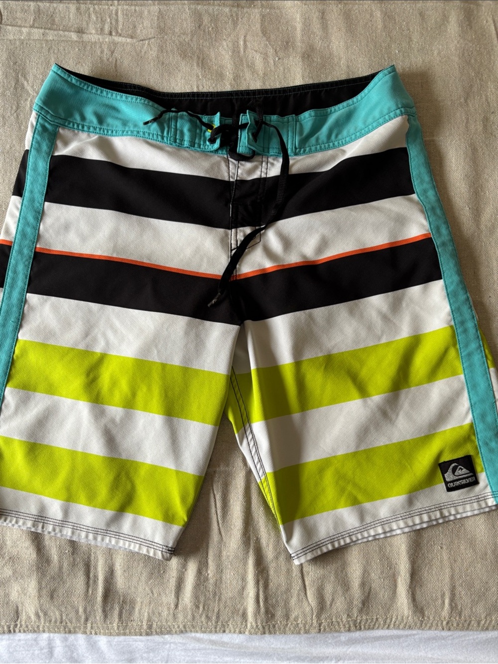 Quiksilver Teal, Lime & Black Striped Men’s Boardshorts 33